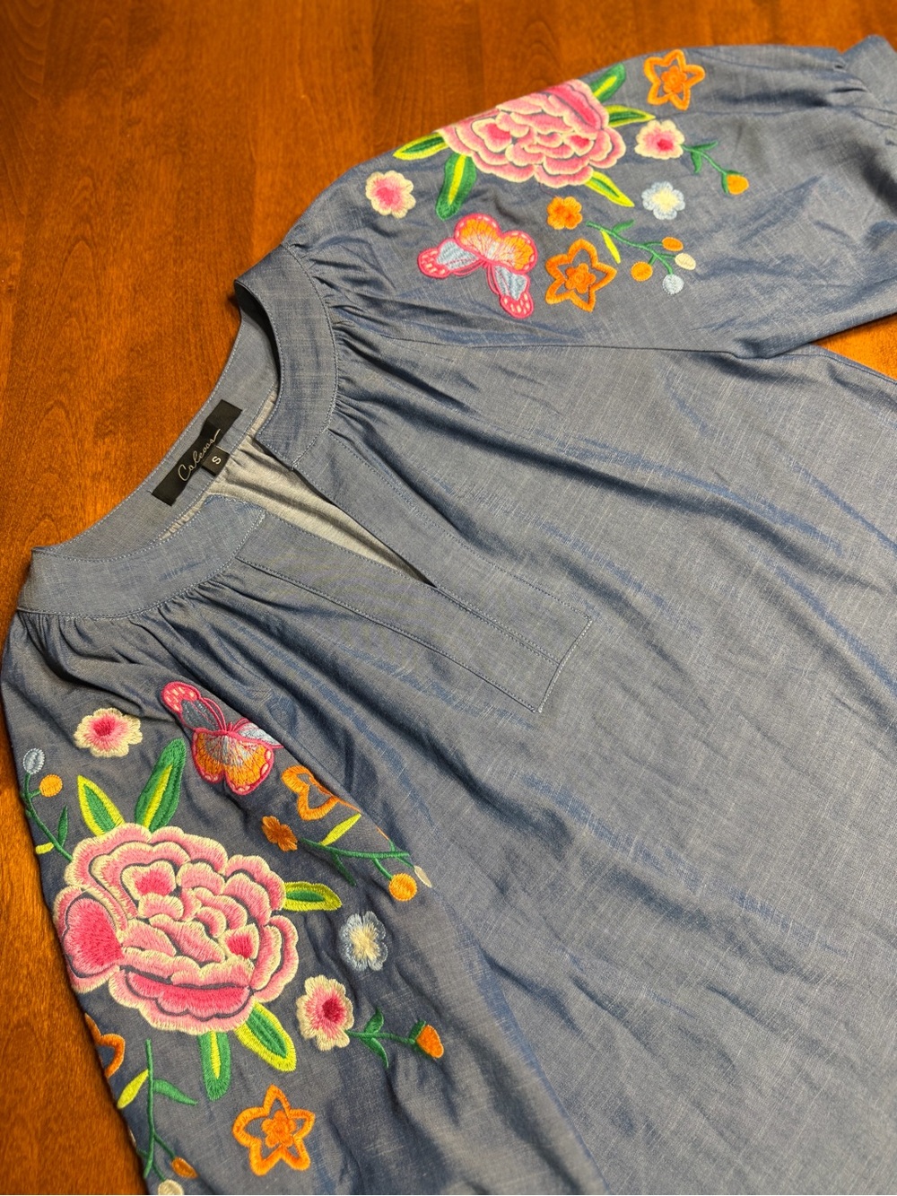 Calessa Chambray Embroidered Puff-Sleeve Blouse - Blue with Butterflies